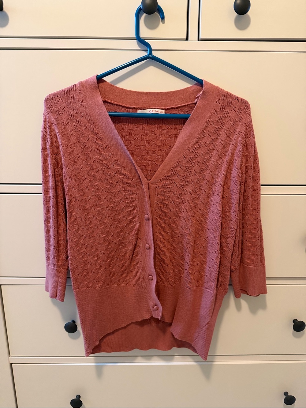 V-Neck Pointelle Knit Cardigan in Rose Pink